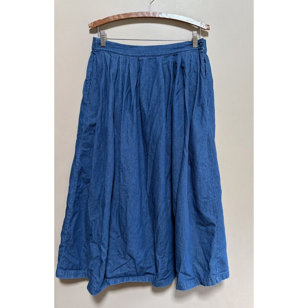 Vintage 90s Karen Scott 100% Cotton Large Denim Skirt Midi Elastic Waist Pockets